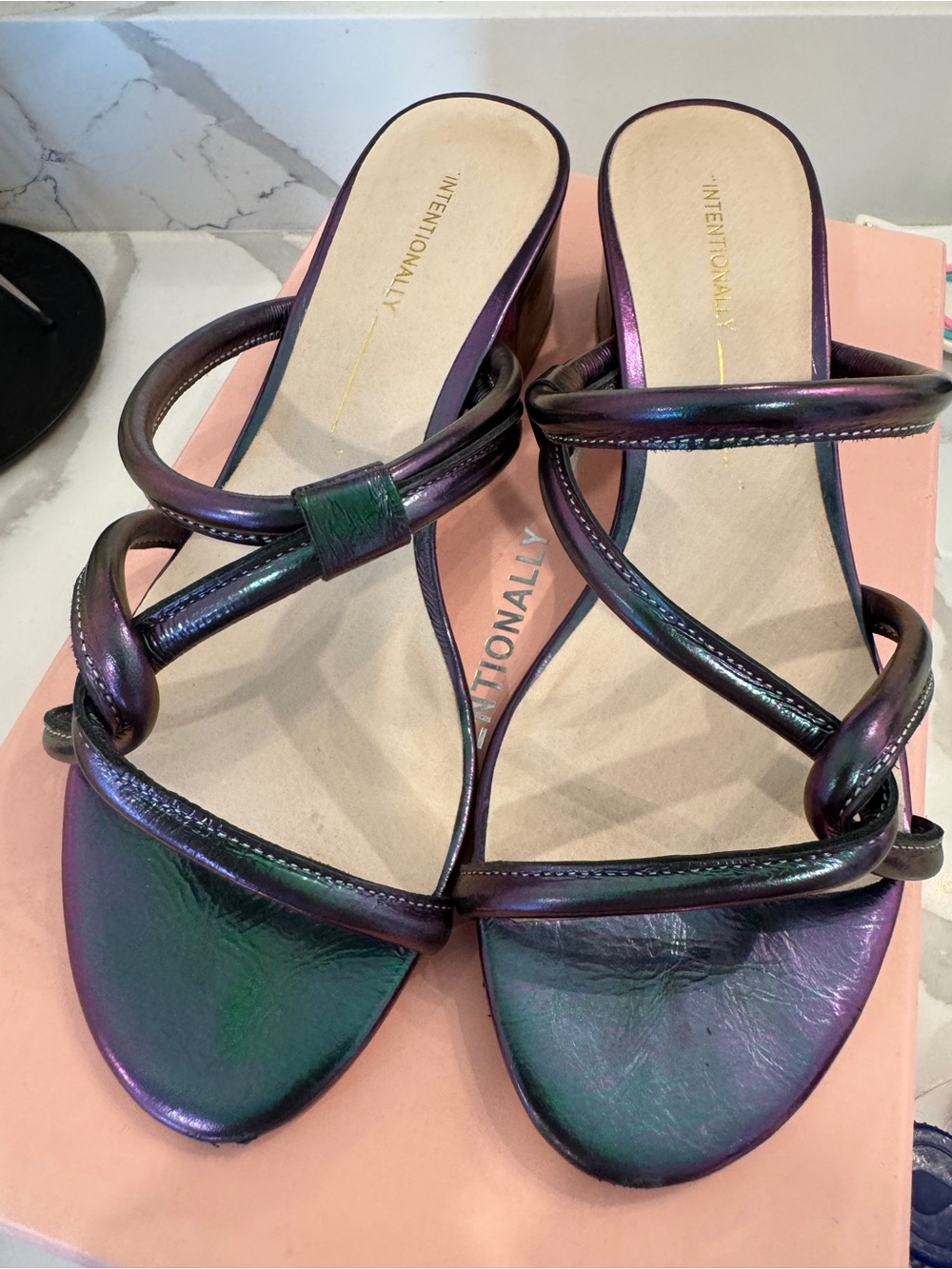 INTENTIONALLY BLANK Tami Hologram Leather Block Heel Sandals - Iridescent